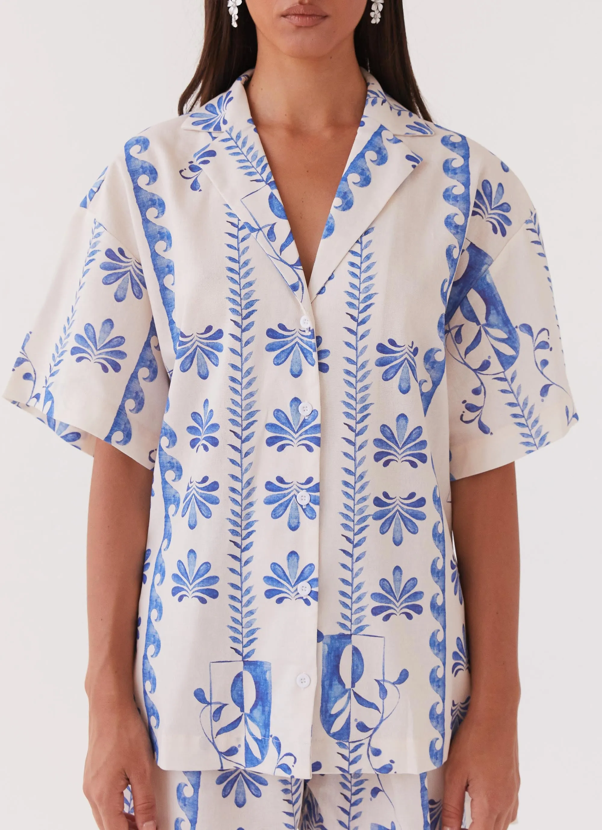 Sweet Relief Linen Oversized Shirt - Floral Wave