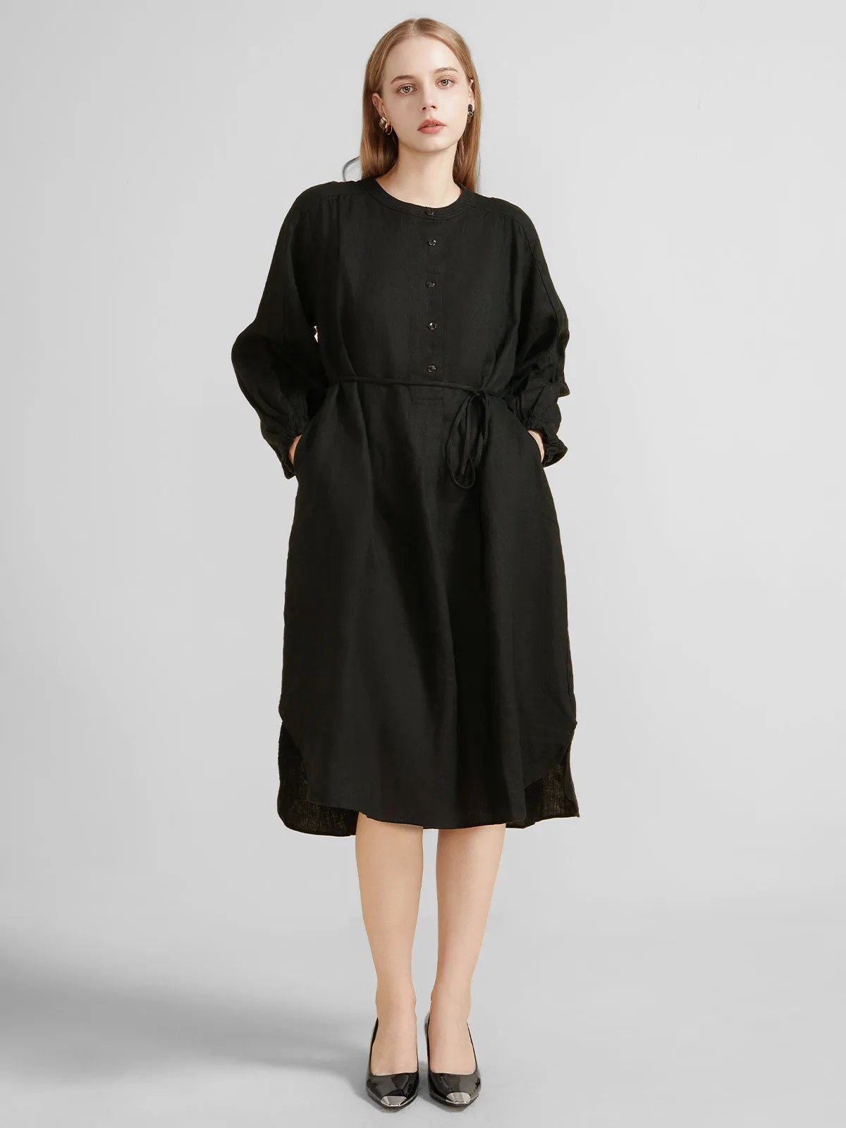 Tie Belt Linen Midi Dress