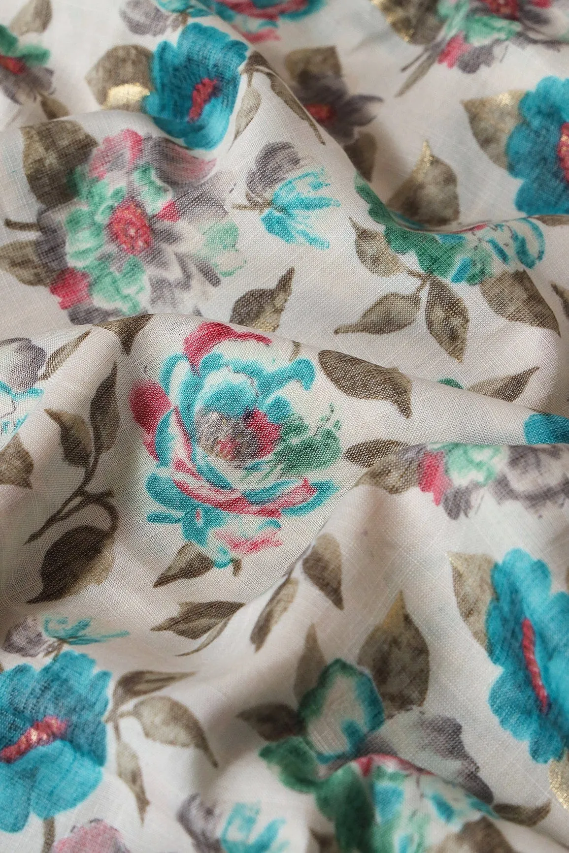 Turquoise And Green Floral Pattern With Foil Print On Off White Pure Rayon Fabric