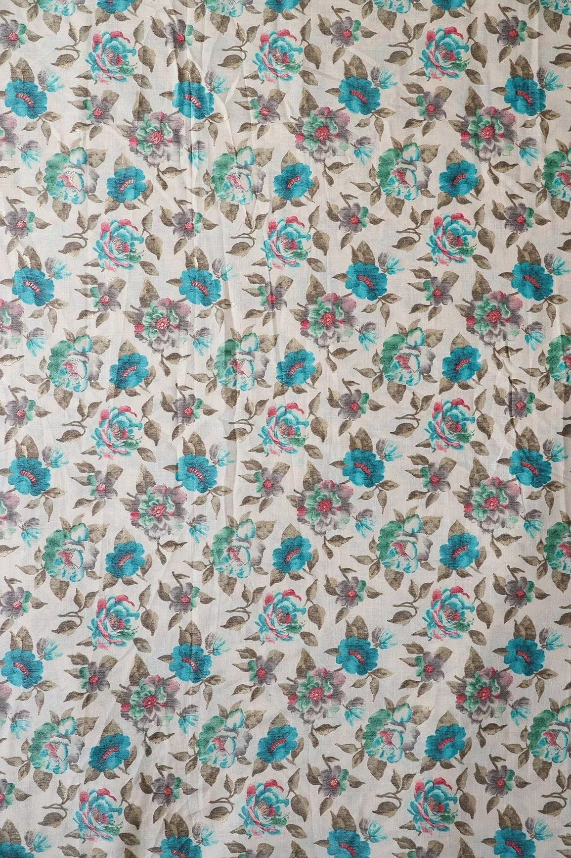 Turquoise And Green Floral Pattern With Foil Print On Off White Pure Rayon Fabric