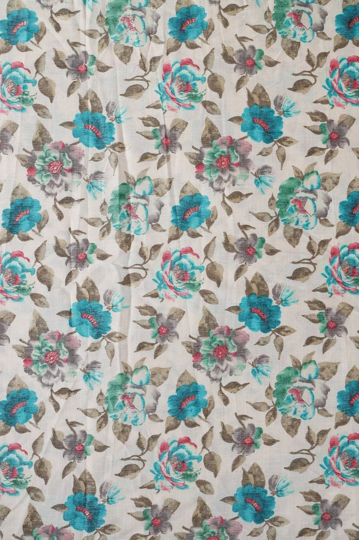 Turquoise And Green Floral Pattern With Foil Print On Off White Pure Rayon Fabric