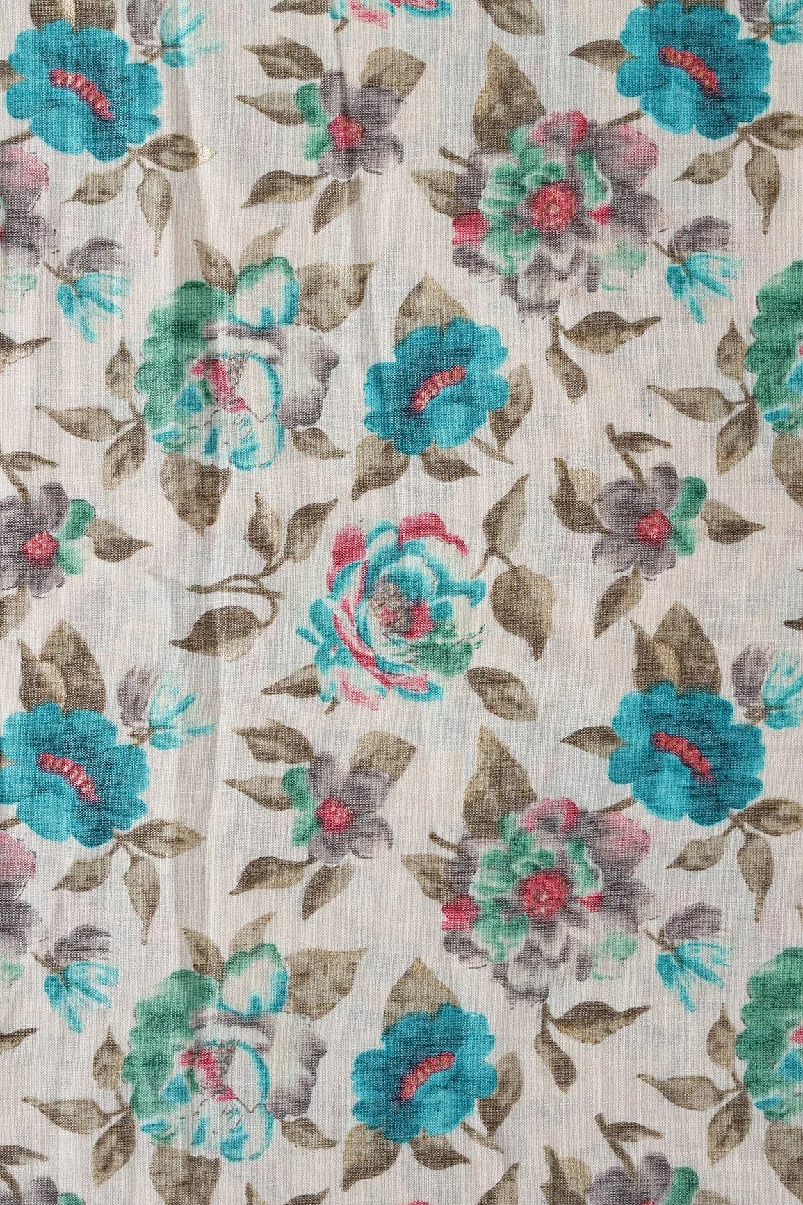 Turquoise And Green Floral Pattern With Foil Print On Off White Pure Rayon Fabric