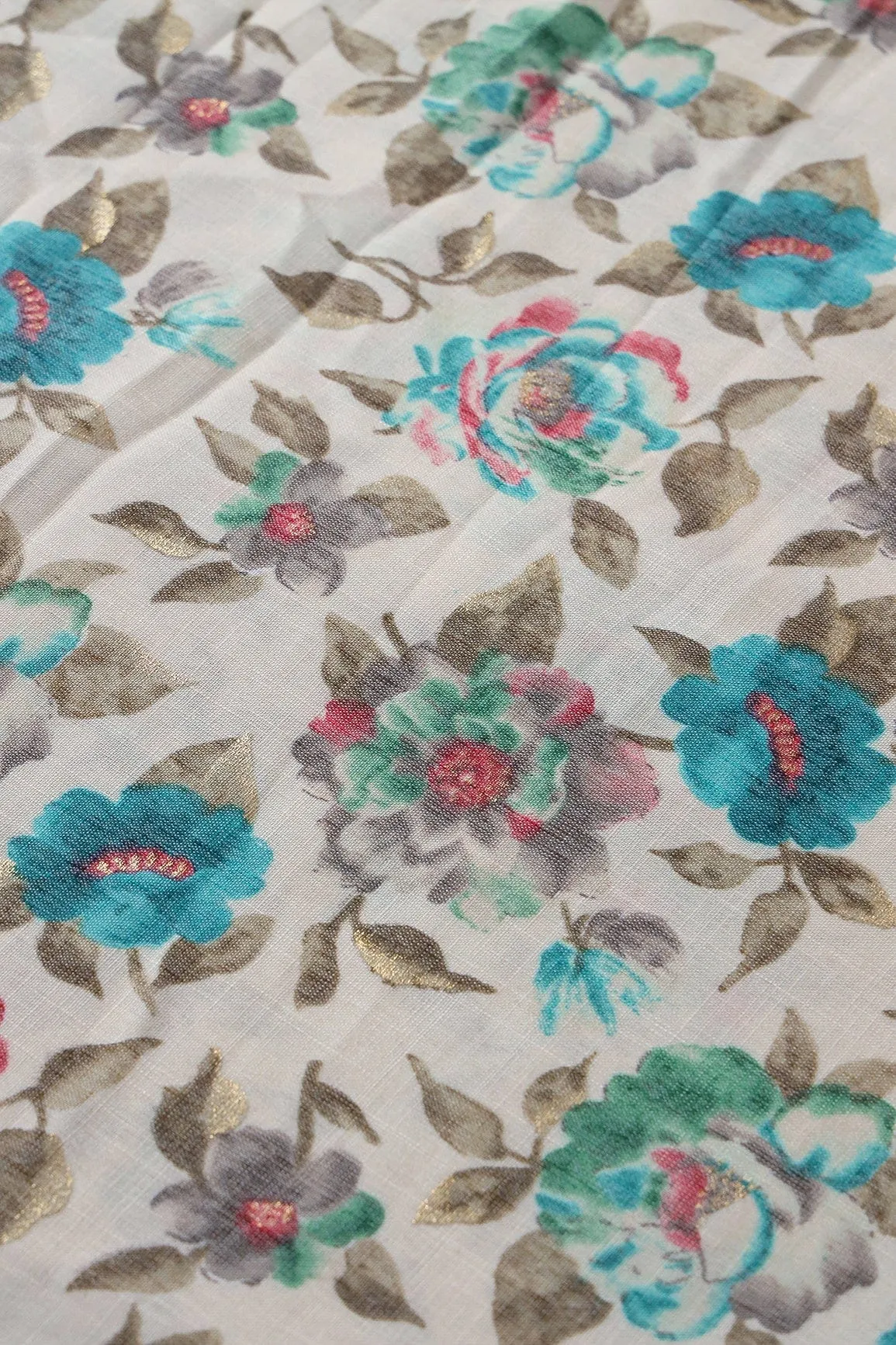 Turquoise And Green Floral Pattern With Foil Print On Off White Pure Rayon Fabric