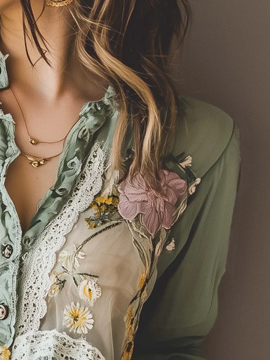 Vintage Floral Print Lace Shirt