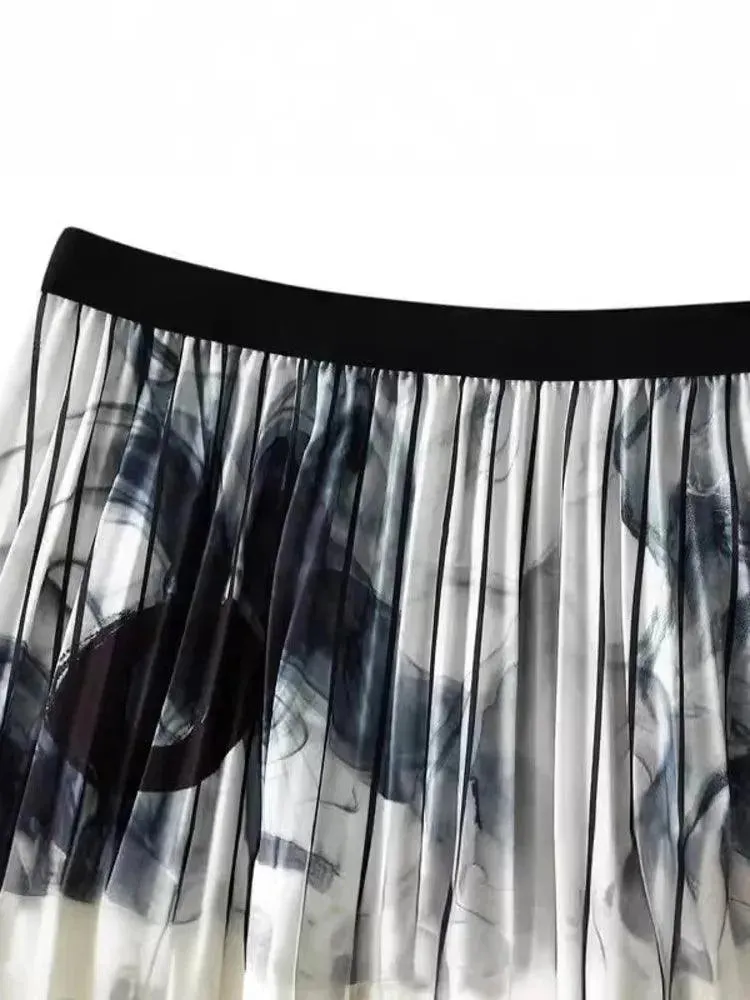 Vintage Pleated Ink Print Skirt for Women