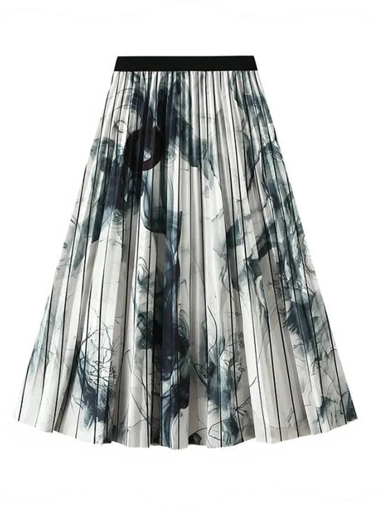 Vintage Pleated Ink Print Skirt for Women