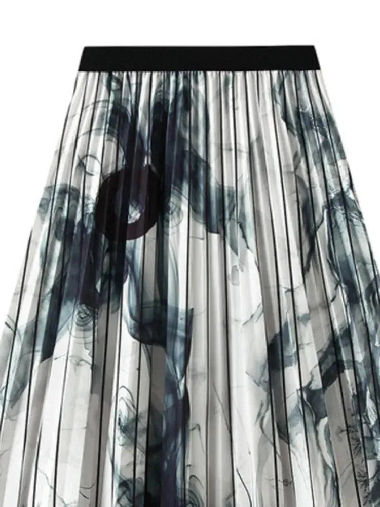 Vintage Pleated Ink Print Skirt for Women