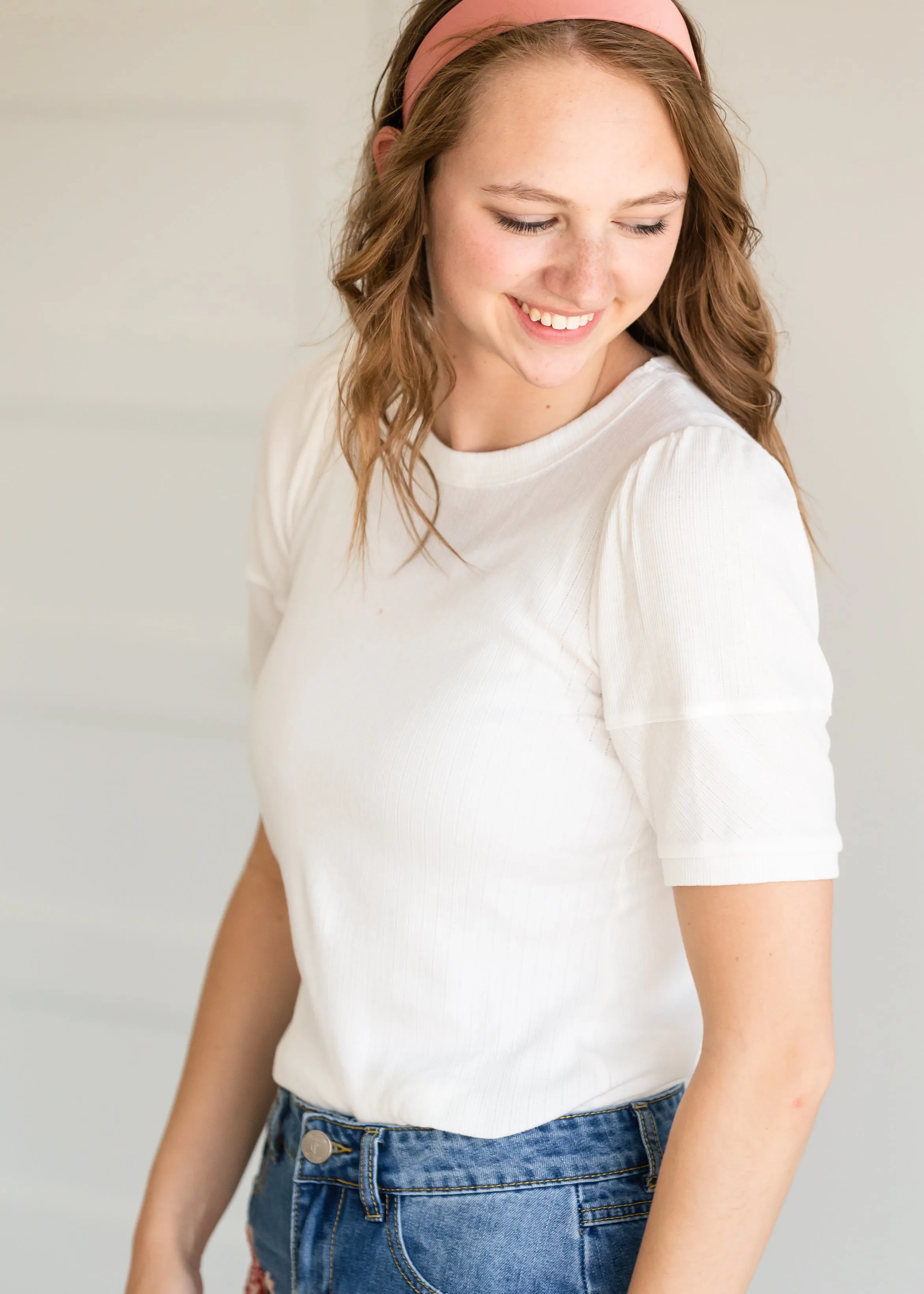 White Ribbed Puff Sleeve Tee - FINAL SALE