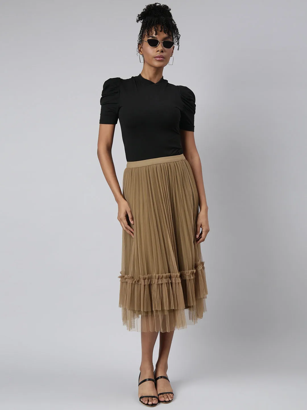 Women Flared Midi Brown Solid Skirt