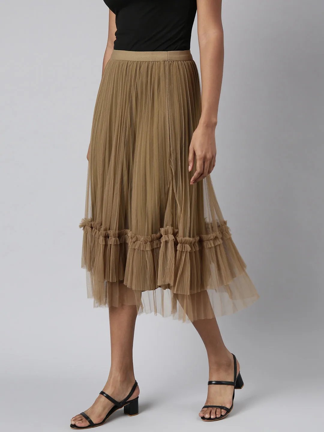 Women Flared Midi Brown Solid Skirt