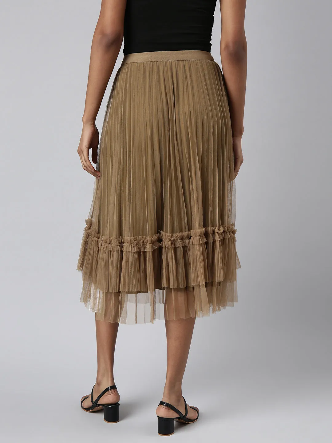 Women Flared Midi Brown Solid Skirt