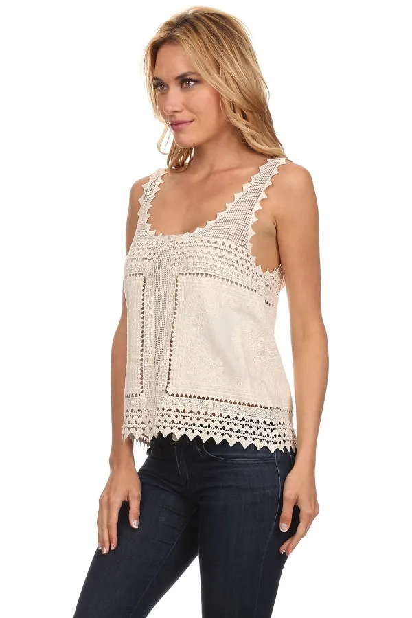 Women's Beige Sleeveless Round Neck Lace Top