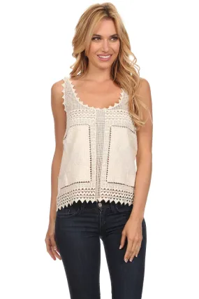 Women's Beige Sleeveless Round Neck Lace Top