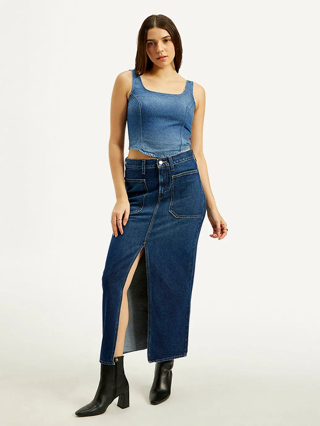 Women's High Rise Dark Blue Slim Fit Skirt