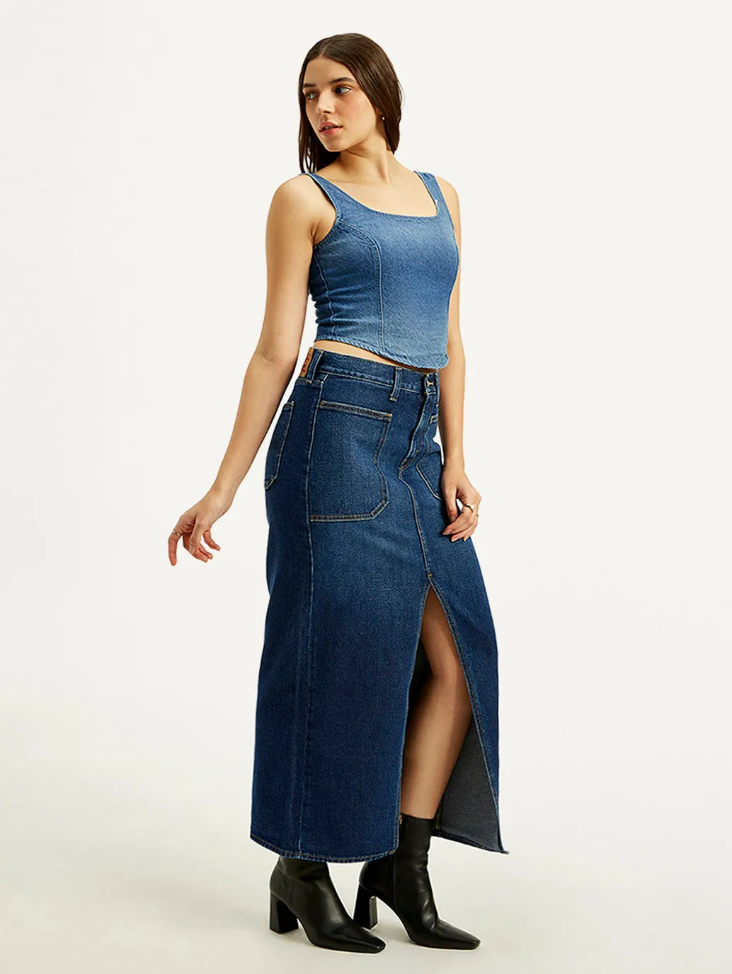 Women's High Rise Dark Blue Slim Fit Skirt