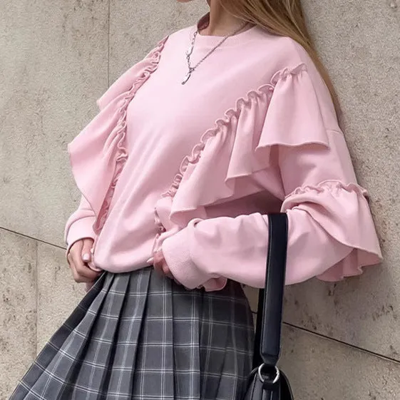 Women's Pink Loose Ruffle Long-Sleeve Sweatshirt